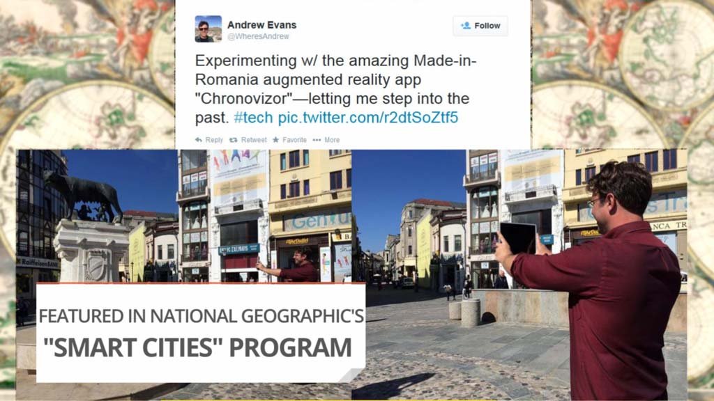 Launch documentation: a visitor using Cronovizor in central Bucharest, next to journalist Andrew Evans's reaction.