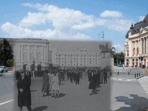 An archive overlay on Calea Victoriei: passers-by from the past, in front of today's buildings.