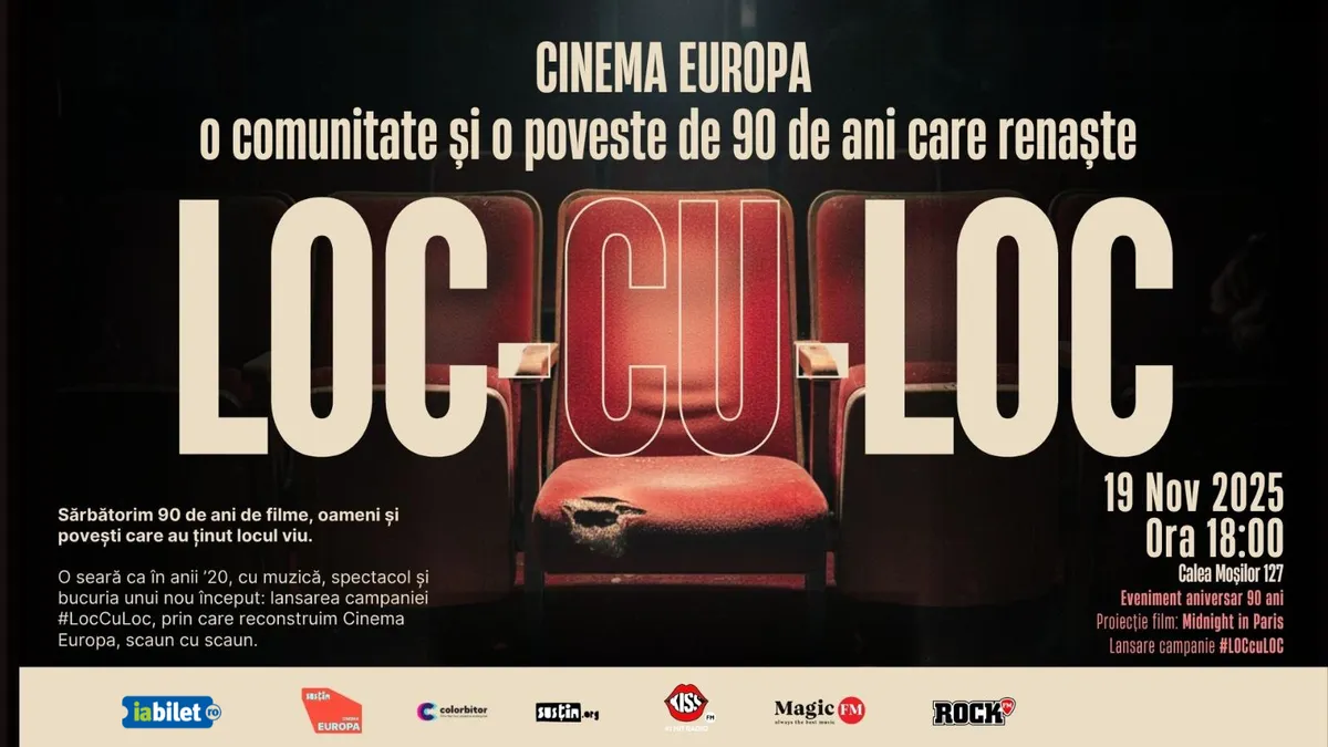 Afișul campaniei Loc cu Loc și al evenimentului aniversar de 90 de ani al Cinema Europa
