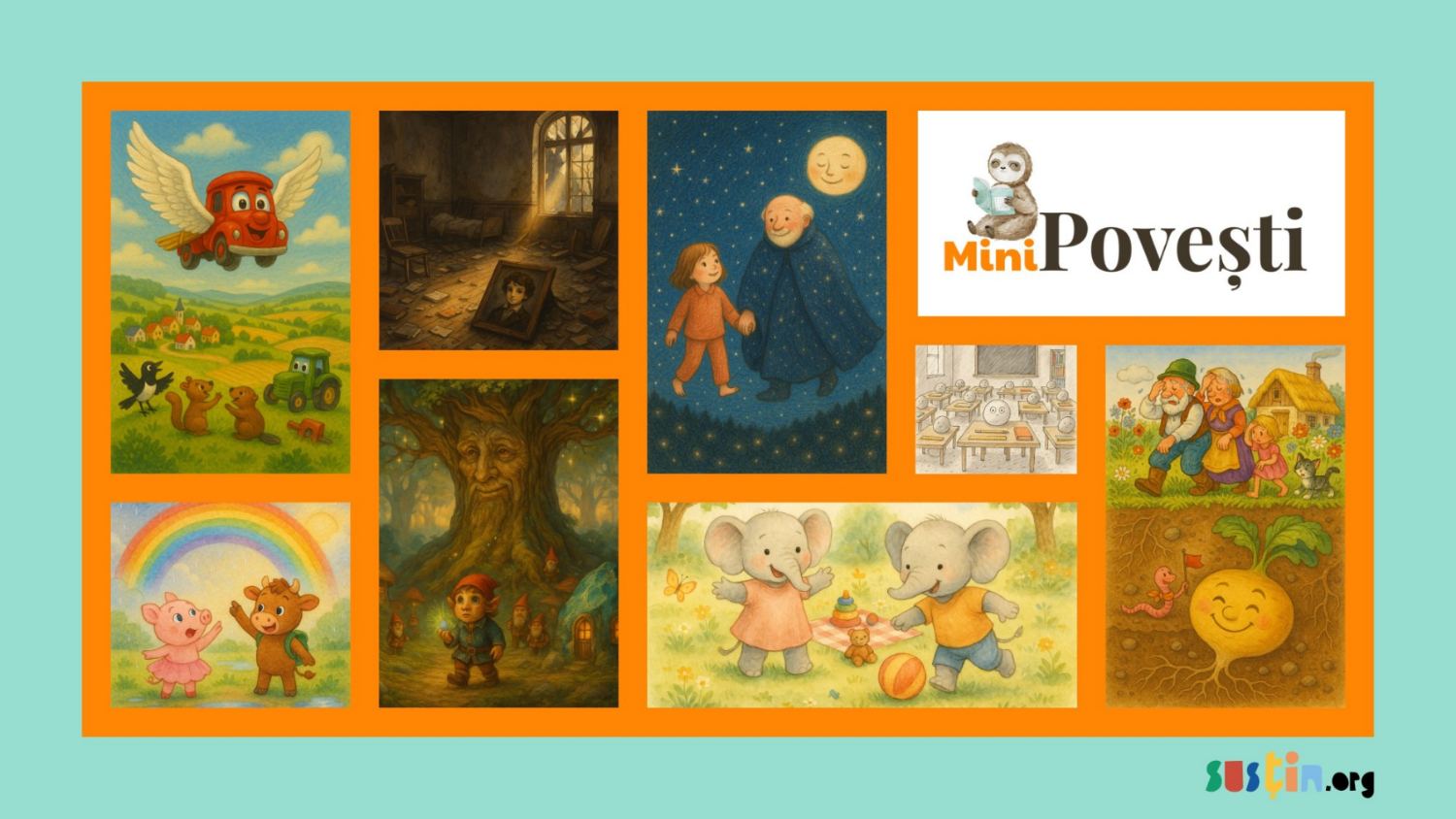 The MiniPovești platform presentation visual, with illustrations from the stories